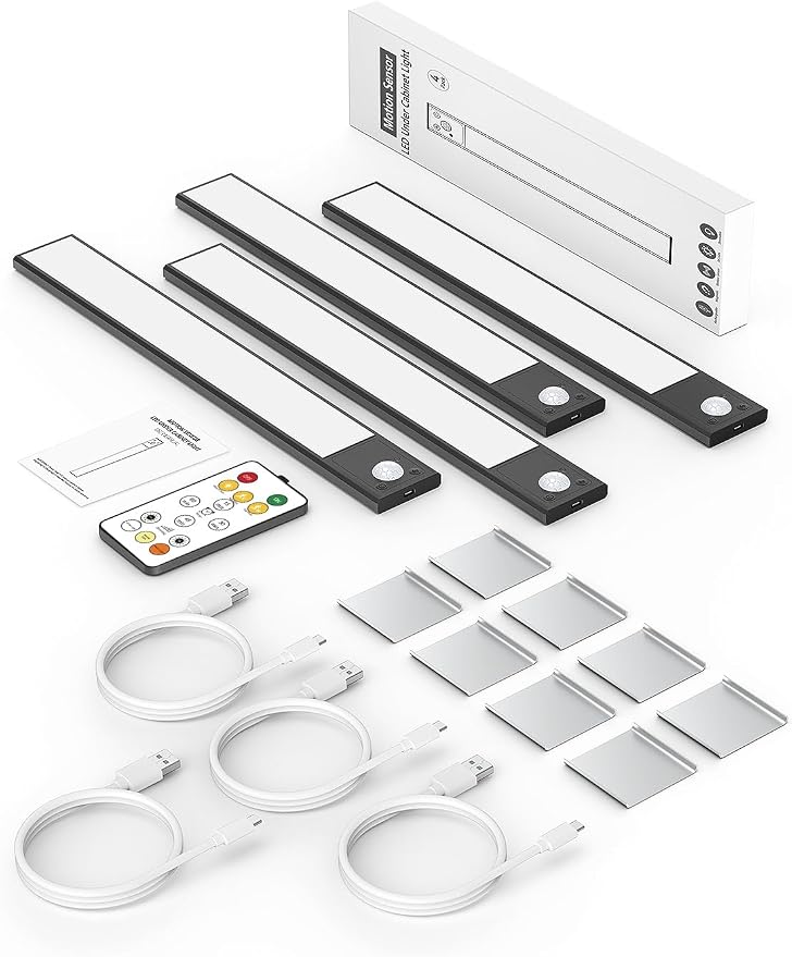 12" Ultra-Thin Under Cabinet Lighting Wireless, Aluminum Alloy Under Counter Lights for Kitchen, 3-Color-Temps Magnetic Closet Lights, Rechargeable Motion Sensor Light Indoor (4 Pack, Black)