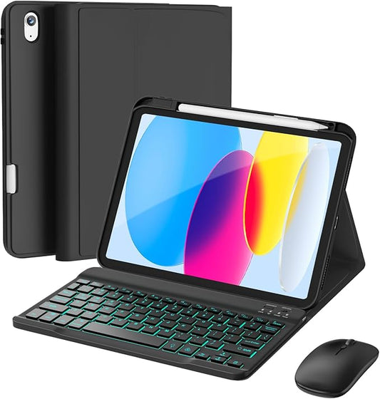 RAYMCRAFT for iPad 11th (A16, 2025)/10th Generation Case with Keyboard, Mouse and Detachable Wireless Keyboard, 7-Color Backlight, Slim Case with Pencil Holder Black