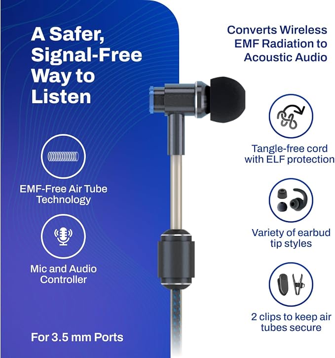 DefenderShield EMF Radiation-Free Earbuds Air Tube Stereo Headphones with Memory Foam Ear Tips – Universal Acoustic Headphones with Mic & Audio Controls - Secure Fit Wired Earbuds with 3.5mm Audio