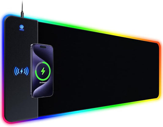 RGB Gaming Mouse Pad With 15W Wireless Charging, Extra Large LED Mousepad, 14 Light Modes, XXL Size, Ergonomic Computer Pad, Non-Slip Rubber Base for Laptop, Gifts for Gamer/Men