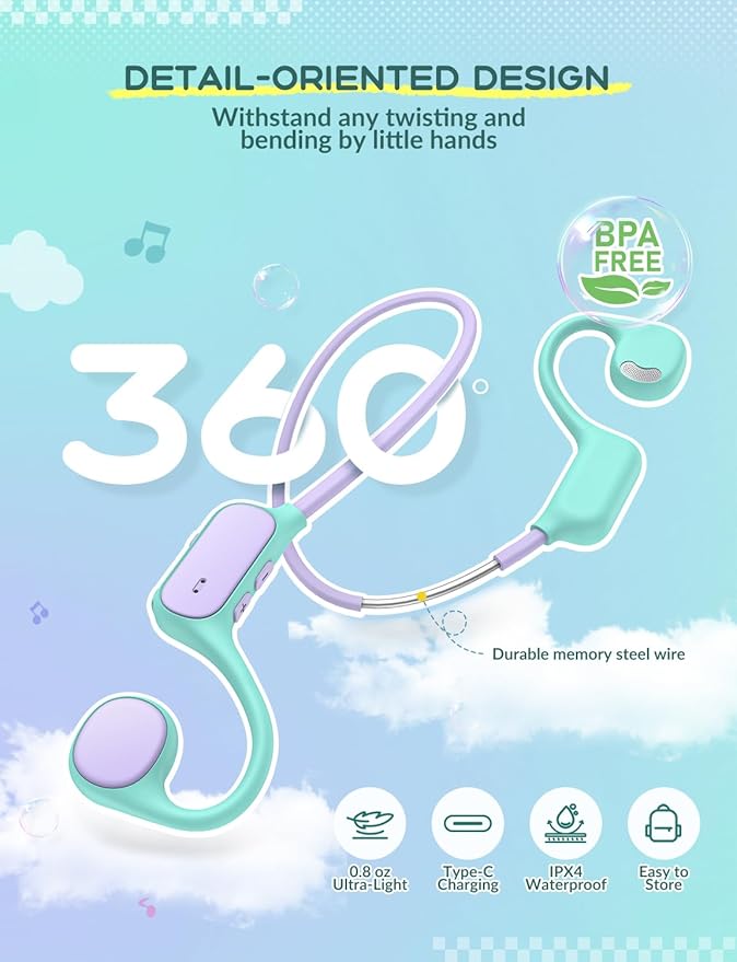 iClever Kids Headphones, Bluetooth 5.4 Air Conduction Open Ear Headphones, Safe Volume 74&85 dBA, Clear Audio, 360° Bending, Ultra-Light Comfortable Kids Bluetooth Headphones for iPad/Outdoor/Sports