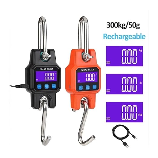 Hanging Scale, 300kg Digital Hanging Scale Rechargeable Portable Heavy Duty Crane Stainless Steel Hook Weight Balance Luggage for Gym,Hunting,Travelling(Orange)