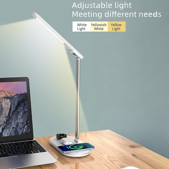 IHAO 3in1 Wireless Charging Eye-Care Desk Lamp 15W Fast Charging Station for Phone, Smartwatch & Earbuds, Touch Control Dimmable LED Light Adjustable Gooseneck, Modern Office Table Lamp-HYT2096 White