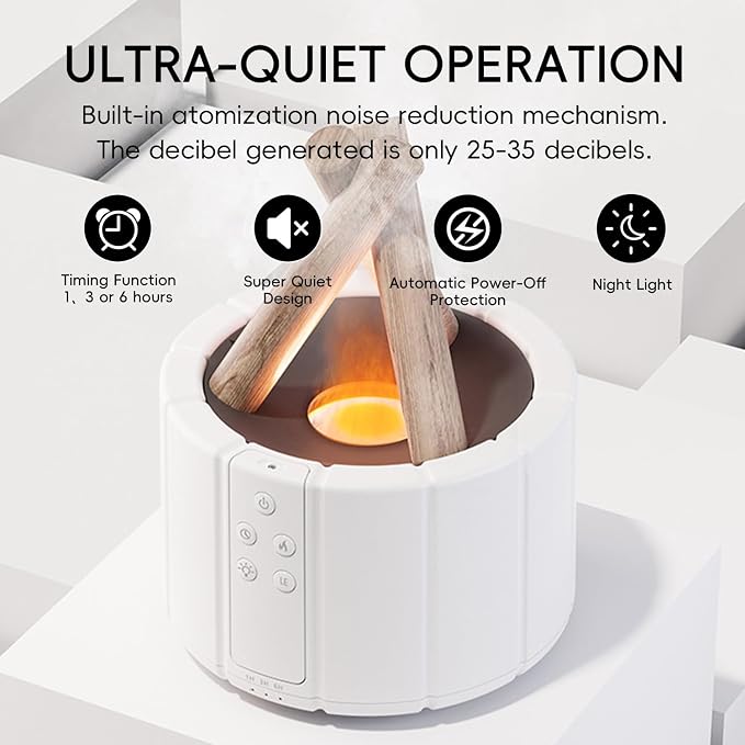 YALEDI Campfire Flame Fire Diffuser, Bonfire Aromatherapy Essential Oil Diffuser, 250ml Wood Cool Mist Humidifier for Home,Bedroom,Office, Remote Control, Auto Shut-Off, Night Light, Gift (White)