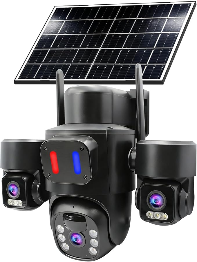 Triple-Lens Solar Security Camera Wireless for Outdoor Use | Triple-Lens Linkage PTZ 360º Coverage, Color Night Vision, PIR Motion Detection,Two-Way Audio, No Subscription Fee