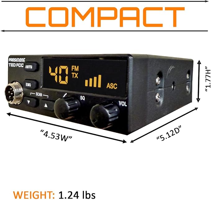 President Ted FCC AM/FM 40 Channel Compact CB Radio, LED Display, Emergency Channels, Automatic Squelch Control, PTT, 6pin MIc Plug, Time Out Timer, Key Beep, 2 Years Manufacture Warranty