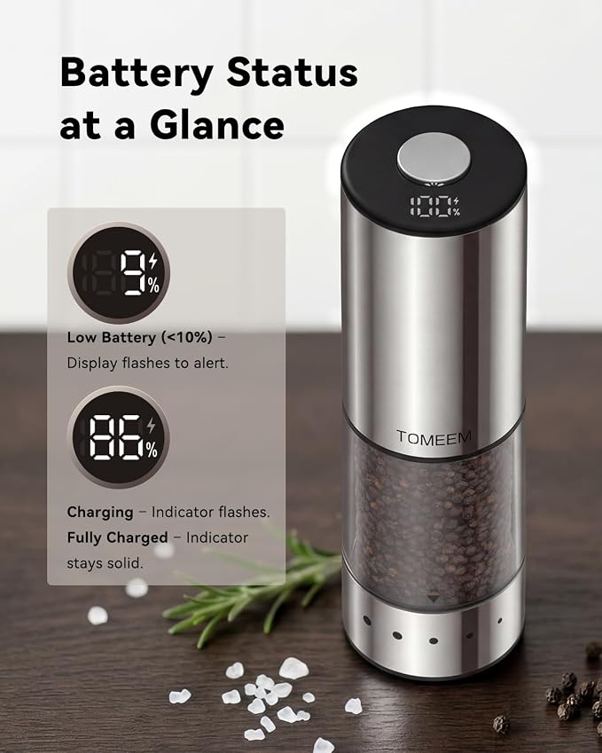 TOMEEM Rechargeable Electric Salt and Pepper Grinder Set, 115ml Large Capacity Stainless Steel Automatic Pepper Mill with Storage Base, LED Display and Light