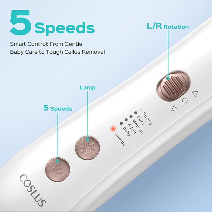 COSLUS C43 Professional Manicure Pedicure Kit, 5-in-1 Electric Nail File for Toenail Hand Feet, Basic & Thick Nails Care, Cordless, 5 Speeds, for Men Women Seniors Home Salon, Wider Grinder, White