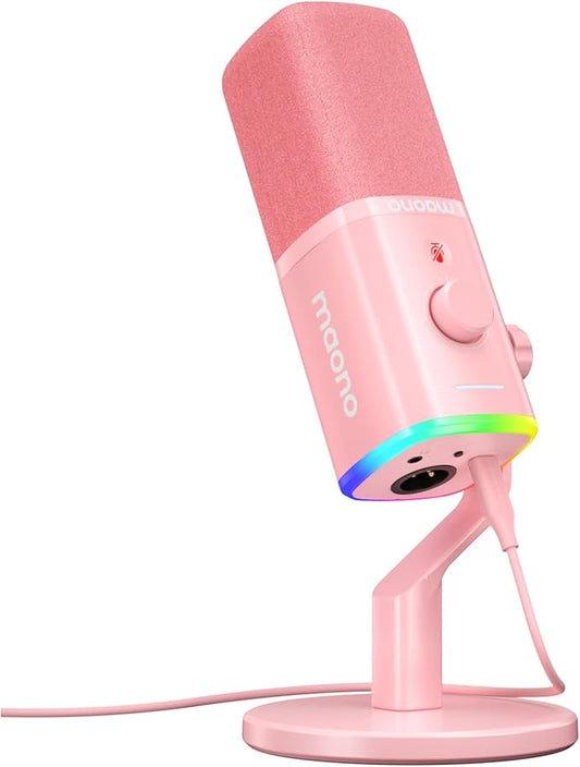 MAONO USB/XLR Podcasting Microphone for PC, Gaming Streaming Dynamic Mic with Mute Button, RGB, Desktop Stand,Computer Mic for Video Studio Recording-PD100X,Pink
