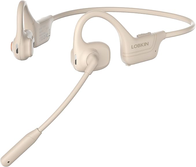 LOBKIN Open Ear Headphones with Mic, Bluetooth Headset with Noise Cancelling Microphone and Multipoint Connect, Wireless Bluetooth 5.4 Headset for Work Call Meeting Driving(Beige)