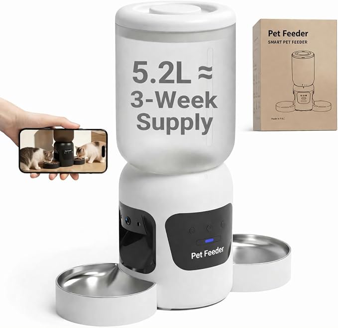 Automatic Cat Feeder with Camera, 5.2L Smart Cat Food Dispenser for Multi-Pet Homes, 170° Wide Angle Night Vision Auto Cat Feeder for Cats and Dogs, 5G WiFi App Remote Control for Busy Families, White
