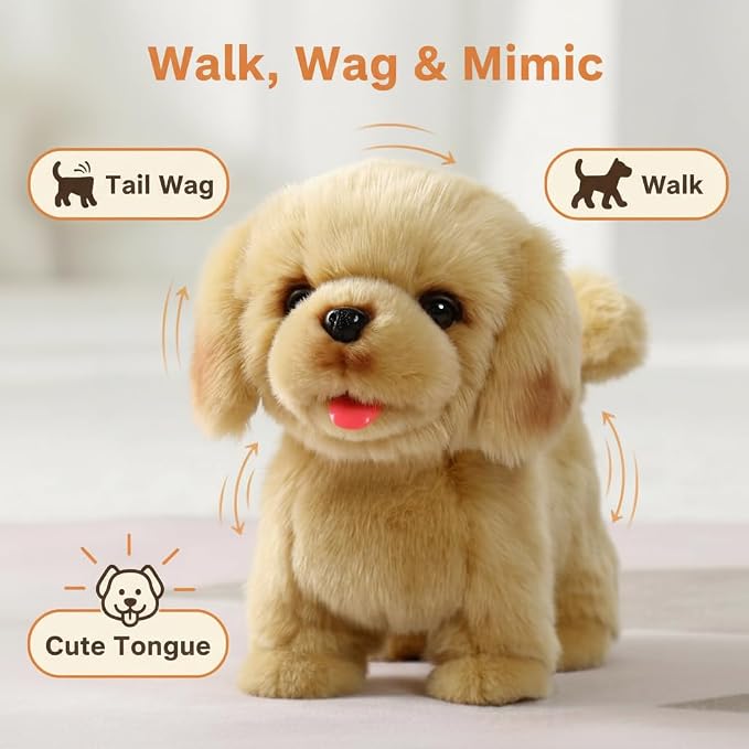 CU-MATE Electronic Walking Dog Toy, Interactive Plush Golden Retriever Puppy, Realistic Interactive Pet Toy Dog, Walking, Barking, Wagging Tail & Talking, Present Gifts for 3+ Year