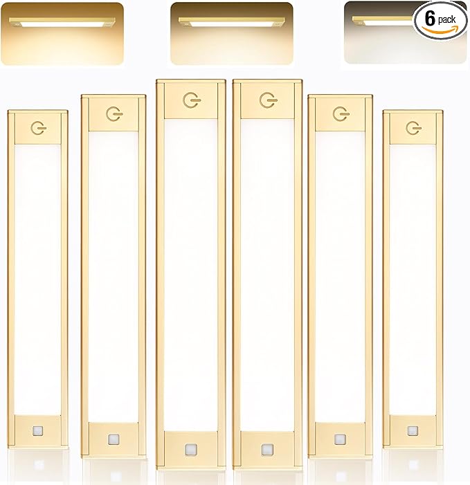V4light Under Cabinet Light, Rechargeable Magnetic LED Bar with 1800mAh, Gold Aluminum Motion Sensor Lighting Indoor, Dimmable 3 Color Temperatures for Kitchen, Closet, Shelf & Stair (9 in)