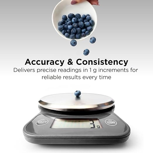Kitchen Mama Q-Series Digital Food Scale, Metal Gray | 13.2 lb / 6000g Capacity, 1g Precision, Tare Function, Stainless Steel Platform, LCD Display