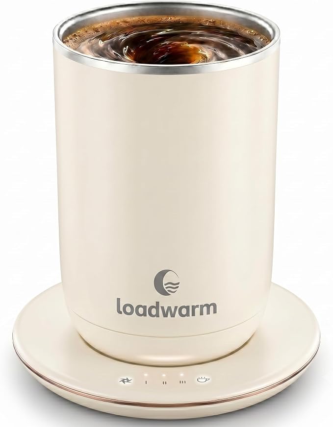 Self Heated Stirring Coffee Mug, 10oz Auto Mixing Cup with Warmer, White | 3 temp settings, food-grade stainless steel interior, 8-hour auto shut-off, plug-in desk mug with Warmer for office home