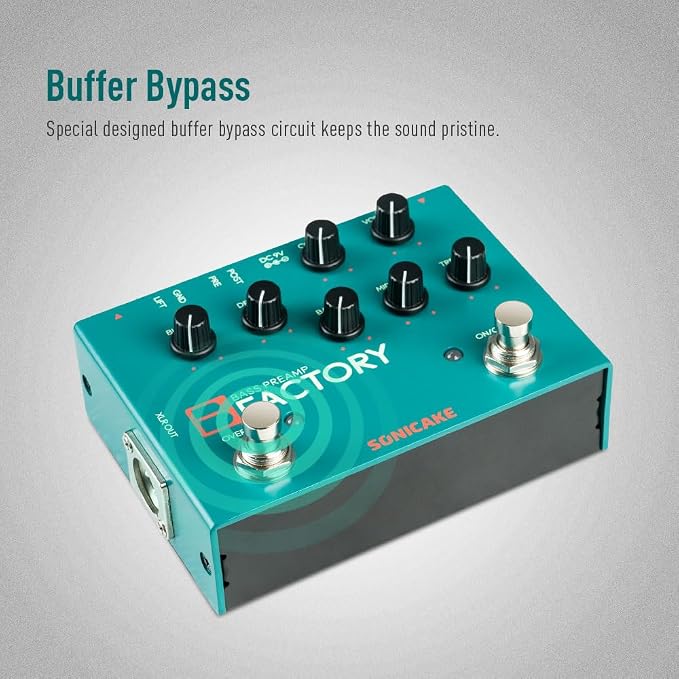 SONICAKE Bass Pedal with Overdrive Analog Preamp Compression Effects Pedal and 3-Band EQ Via Pre/Post Selection with XLR Output - B Factory