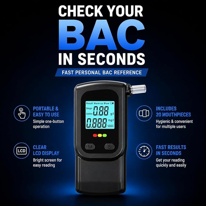 Breathalyzer Alcohol Tester with 20 Mouthpieces, Portable BAC Tester with LCD Display, Personal Alcohol Breathalyzer for Home, Travel, Parties & Quick Alcohol Level Checks Before Driving | Quick BAC Reference Color-Coded Alerts One-Button Use Active Bl...