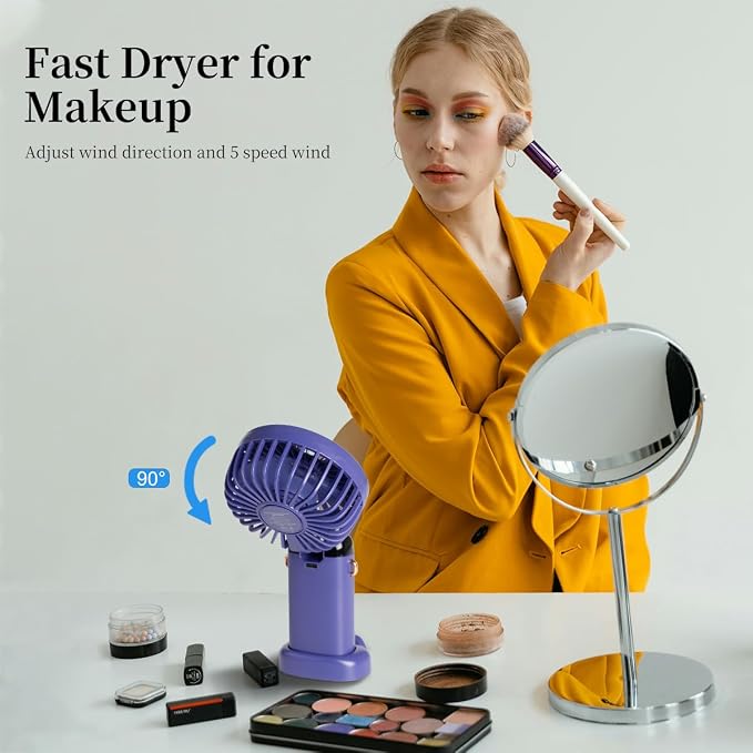 2 PCS Portable Handheld Fan, 12 hours Upgrade 3200mAh Mini Fan with Stand, 90° Foldable, 5 Speed Wind,Hand Held/Neck/Desk 3 in 1 Personal Small Fans, Makeup Fans for Women (Purple, White)
