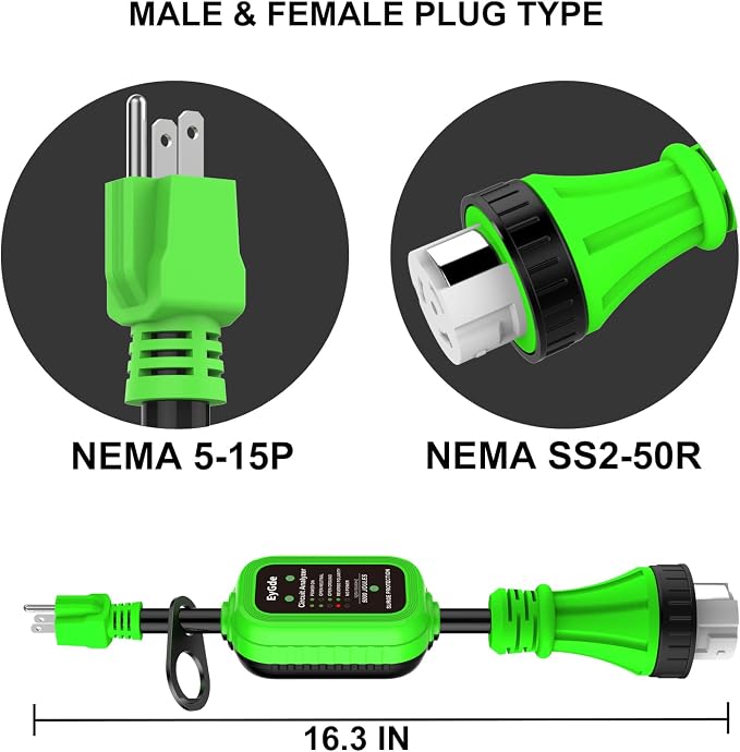 EyGde 50 Amp to 15 Amp 110 RV Adapter with Surge Protector, Patented 5000J 15 Amp Male to 50 Amp Adapter with Twist Locking Connector, Circuit Analyzer Voltage Protector for Camper Trailer, Green