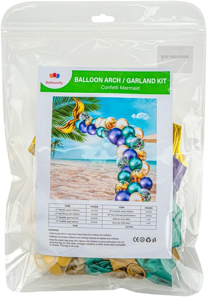 Restaurantware-Balloonify Mermaid Balloon Arch Kit, 1 Party Decoration Kit - 42 Balloons, With Chain, Latex Mermaid Tail Balloon Arch Kit, Includes Glue Dots