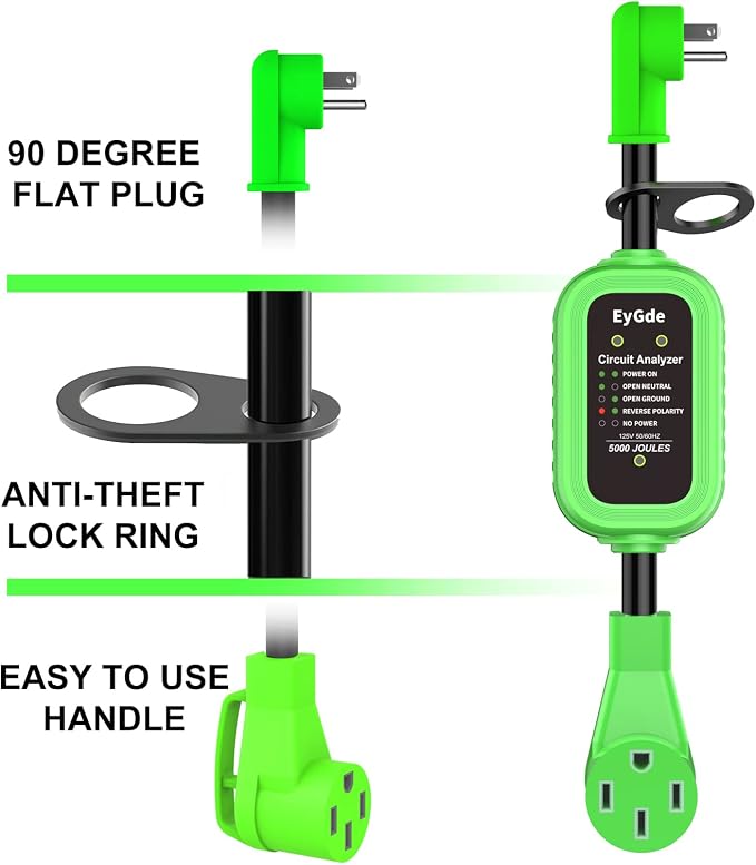 EyGde 50 Amp to 15 Amp 110V RV Adapter with Surge Protector 5000J, Patented 5-15P Male to 14-50R RV Adapter Plug 16.3 Inch, Circuit Analyzer Protector for Camper Trailer, Green