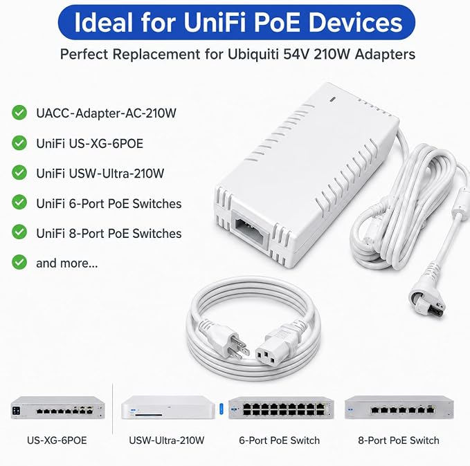 54V 210W Power Adapter Compatible with Ubiquiti UACC-Adapter-AC-210W, Replacement AC DC Power Supply for UniFi US-XG-6POE, USW-Ultra-210W and 6/8-Port PoE Switches, Industrial Grade, White