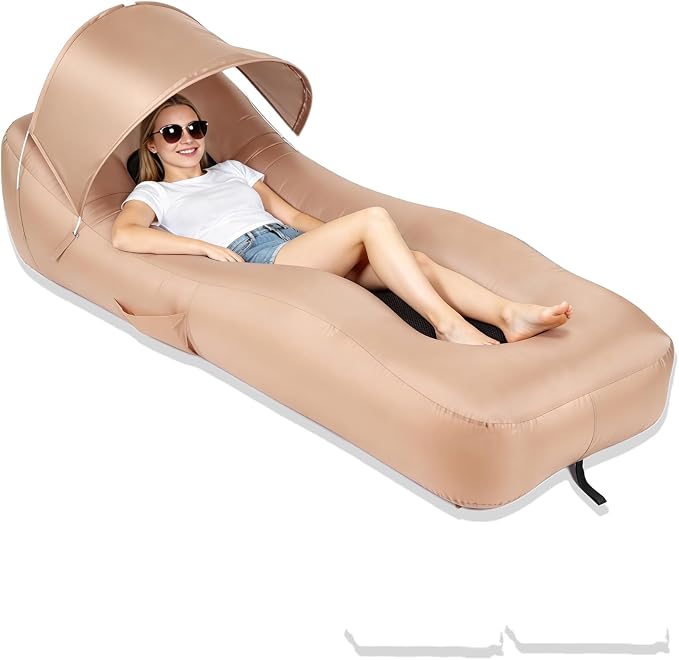 Inflatable Lounger Air Sofa with Unique Sun-Shade, Waterproof Inflatable Beach Bed with Electric Pump, Lightweight Air Hammock Chair for Hiking Backyard Travel Beach Park Picnics（Beige）
