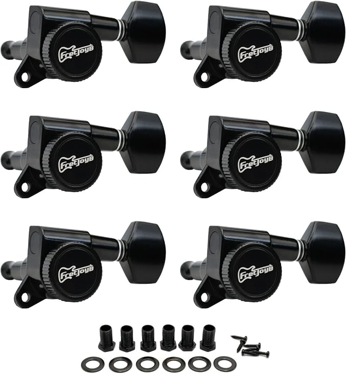 FRETJOYB 18:1 Guitar Locking Tuners 6 in line (6 Right) Tuning Pegs locking Strings Acoustic or Electric Guitar Tuning Keys Machine Heads Replacement-Black