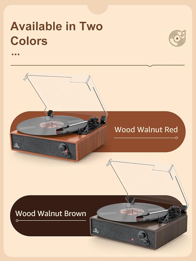 Vinyl Record Player Built-in Stereo Speakers Vintage Turntable for Vinyl Records LP Phonograph Belt Drive 3 Speed 3 Size Wireless Input RCA Output Auto Stop Tone Adjustment Wooden Retro Walnut Brown