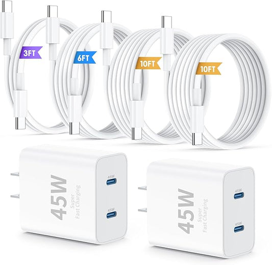 QZIIW iPhone 17 16 15 Pro Max Charger Fast Charging,45W Dual Port USB C Fast Charger Block [2-Pack] & Extra Long 60W 3/6/10/10FT USB C Cable - PD Quick Adapter 3.0 for iPhone 16 15 17/16 15 17 Pro.