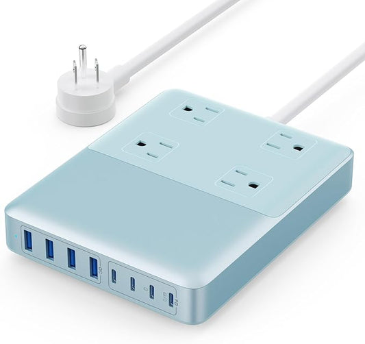 12-in-1 Charging Station USB C Power Strip with 5ft Cord,200W GaN IV USB C Charger Block,4 AC Outlets,8 USB for MacBook,iPhone 17/16/15,Fast Charging Desktop Charger for Home Light Blue