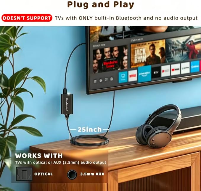 Holdsound Wireless Headphones for TV, BKM700 Over-Ear Wireless TV Headphones with Extension Transmitter, Auto-Pairing,Low Latency,165 ft Long Range, 40 Hrs Battery, Loud Clear Sound for Seniors