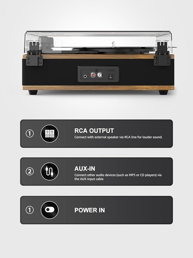 Vinyl Record Player Bluetooth Turntable with Built in Stereo Speakers Belt Drive 3 Speeds Vintage Turntables for Vinyl Records Support RCA Output, Aux in, Auto Stop, Light Walnut