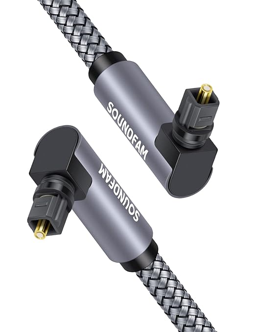 90 Degree Optical Audio Cable 6ft/2M Double Right Angle Optical Cable 360 Degree Free-Rotating Plug Digital Audio Optical Cable for Home Theater, Sound Bar,TV-Grey