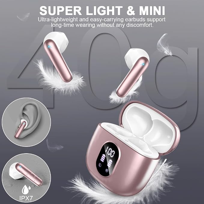 Wireless Earbuds, Bluetooth 5.4 Headphones 50H Playback Bass Stereo Ear Buds with 4 ENC Cancelling Mics, in-Ear Earphones with LED Display, IP7 Waterproof USB-C for Laptop Pad Phones Workout Rose Gold