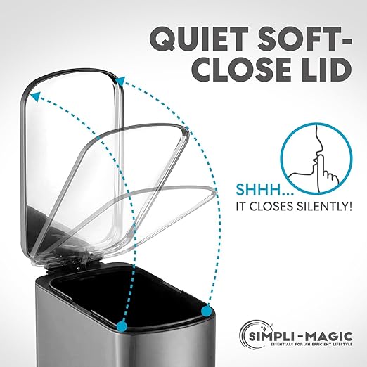 SIMPLI-Magic 6L/1.6G Stainless Steel Bathroom Trash Can with Hands-Free Foot Pedal, Quiet Soft-Close Lid, Compact Space-Saving Size