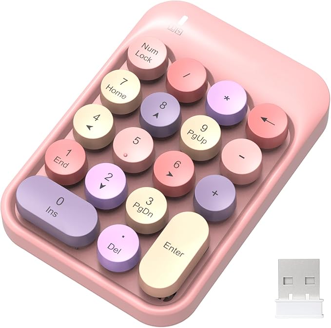 FELICON Wireless Numeric Keypad 18 Keys with 2.4G Mini Portable Silent Number Pad USB Receiver Financial Accounting Keyboard Extensions for Laptop Desktop PC Pro（Pink Mix）