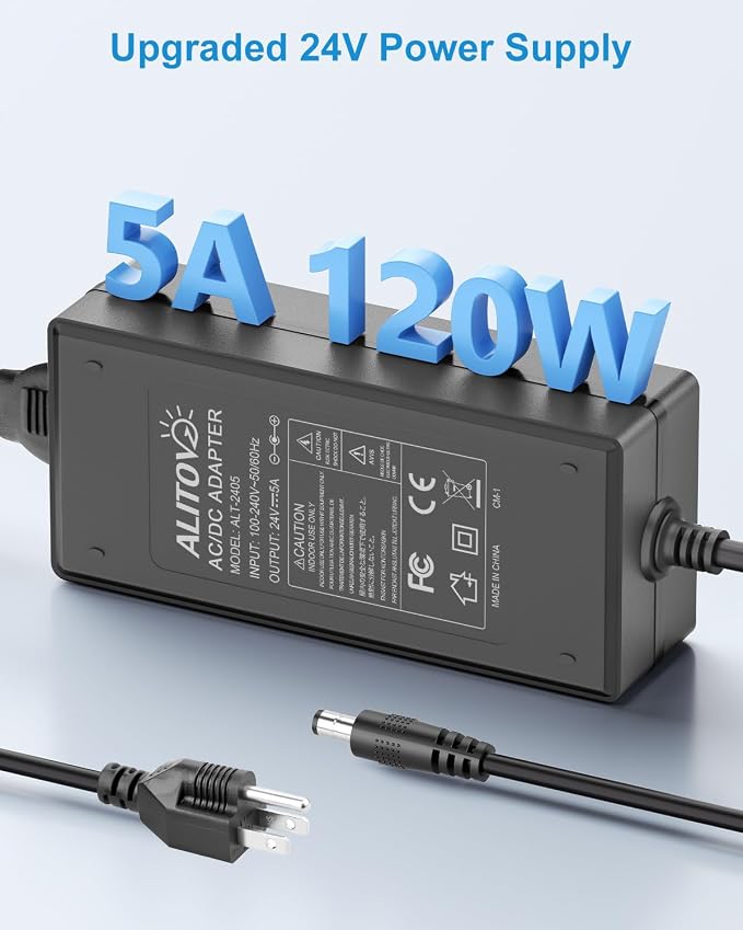 ALITOVE Upgraded 24V Power Supply 5A GaN 120W AC DC Adapter 100~240V to DC 24V Transformer Converter 5 Amp 4A 3A with 5.5 * 2.5mm/2.1mm DC Plug for AMS-2-Pro LED Strip Light CCTV Cameras