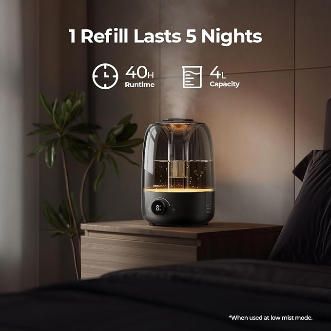 Homvana Humidifiers for Bedroom Diffusers - Top Fill 3.5L Cool Mist Humidifier Large Room, 40H Runtime Diffusers for Home, Air Humidifier for Plants, Baby Nursery, Essential Oil Diffusers (Black)