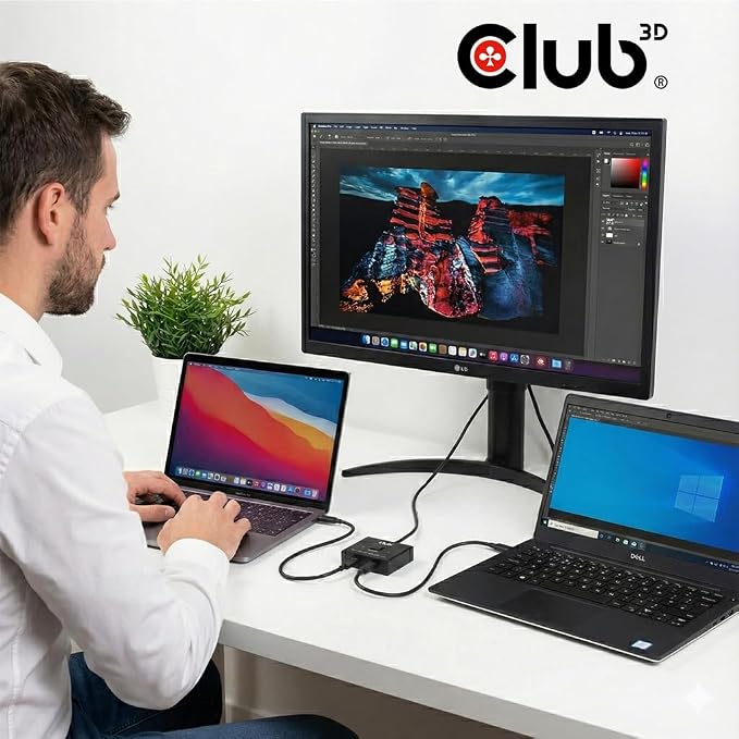 Club 3D USB C Switch 8K 60Hz Bi-Directional - 2 Computers to 1 Monitor or 1 PC to 2 Displays - USB-C Video Switch with 100W Power Delivery Passthrough for MacBook Pro, Laptop, Thunderbolt
