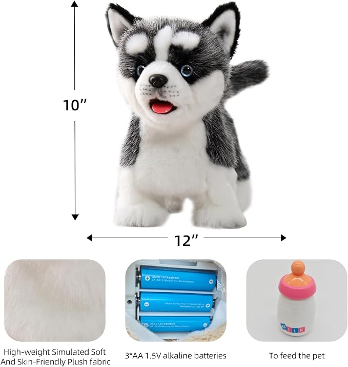 CU-MATE 12" Electric Plush Husky Dog Toys, Electronic Stuffed Animal Dog Toy, Interactive Wuffy Robot Puppy, Walking, Talking, Barking & Wagging Tail, Gifts for Boys and Girls