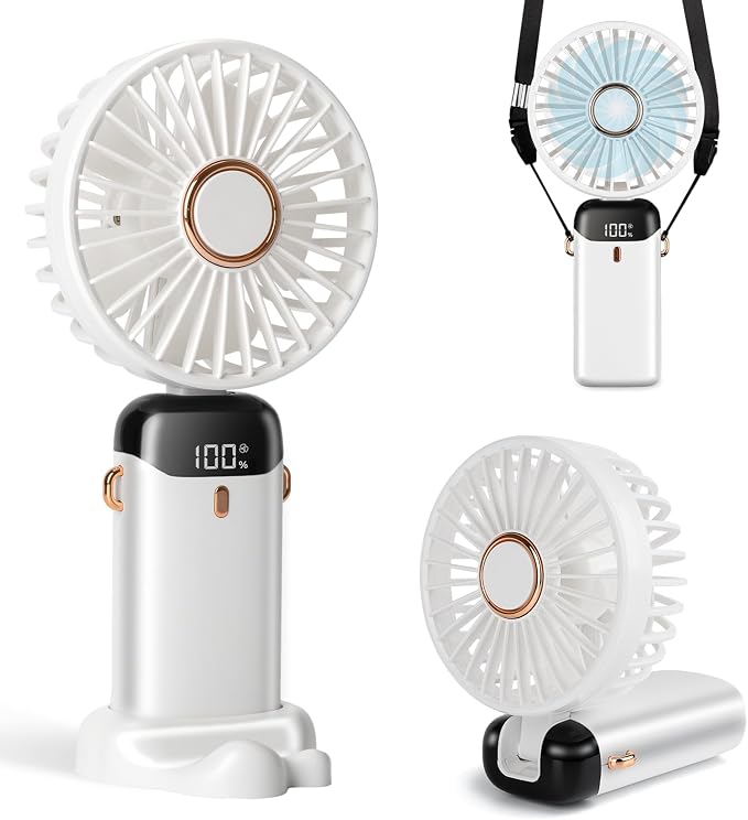 Portable Handheld Fan, 12 hours, Upgrade 3200mAh Portable Fan with LED Display, 90° Foldable, 5 Speed Wind,Hand Held/Neck/Desk 3 in 1 Personal Small Fans, Makeup Fans for Women (White)