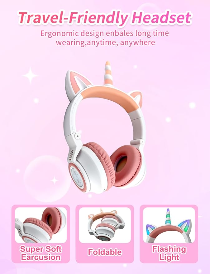 Upgrade Unicorn Headphones for Girls, Kids Bluetooth Wireless Headphones with 7 Colour Flash Light, 93dB Volume Limited, for Toddlers Tablet/iPad/Amazon Fire, Birthday Gifts, (White Pink)