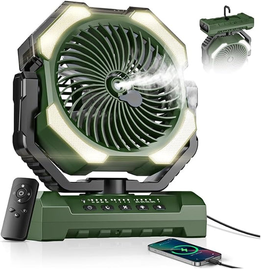 Misting Fan, Portable Camping Fans with 9oz Water Tank, 24000mAh Rechargeable Fan with 4 Speed, Battery Powered Fans with 120H Cooling, Last 5H Mist, 2 Mist Modes, Light, Outsides/Summer Essential