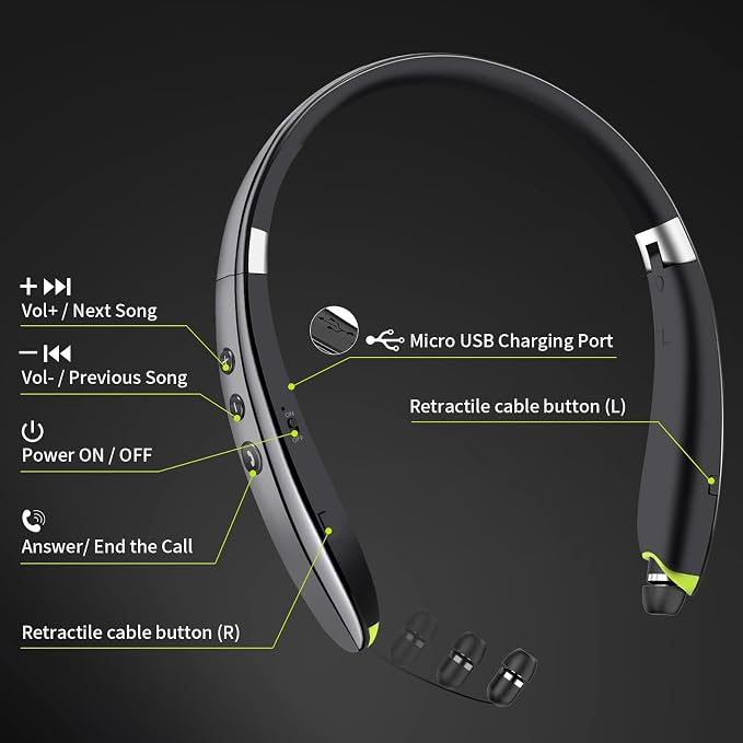 Bluetooth Headset, 2026 Upgraded Neckband Bluetooth Headphones with Retractable Earbuds, Noise Cancelling Stereo Earphones with Mic, Foldable Wireless Headphones for Sports Office w/Carry Case(Grey)