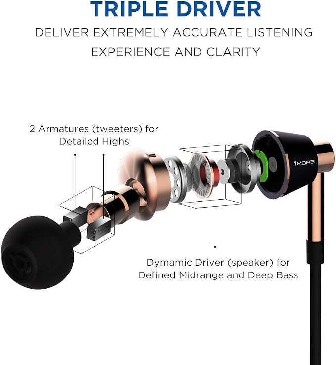 1MORE Triple Driver in-Ear Earphones Hi-Res Headphones with High Resolution, Bass Driven Sound, MEMS Mic, in-Line Remote, High Fidelity for Smartphones/PC/Tablet - Gold