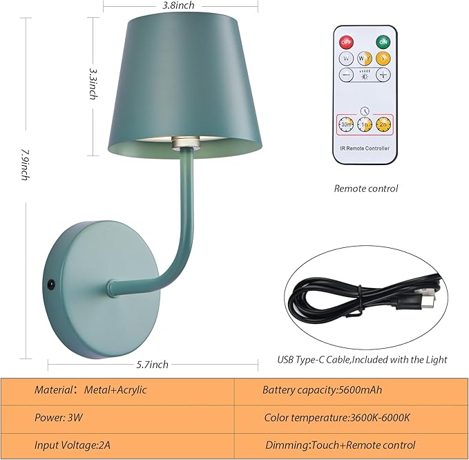 IMQSQIK LED Wireless Wall Lamp Set of 2, with 5600mAh Rechargeable Battery Powered Wall Sconces, Touch for Remote Control Infinite Dimming Be Used for Bedroom Mirror Living Room Wall Painting(Blue)