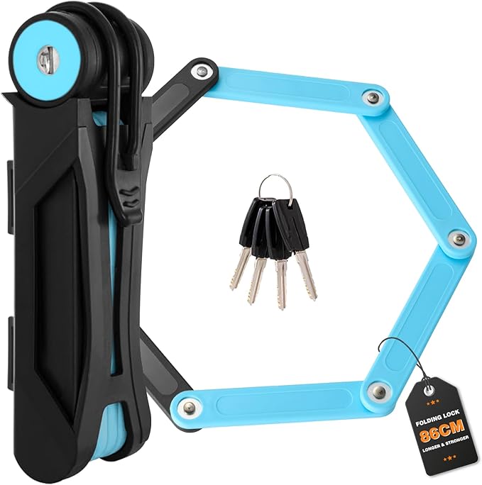 Heavy Duty Folding Bike Lock, 34" Foldable Bicycle Lock with 4 Keys & Mounting Bracket, Alloy Steel Anti Theft Bike Lock for Electric Bike, Scooter & Motorcycle, Portable Security Lock - Blue