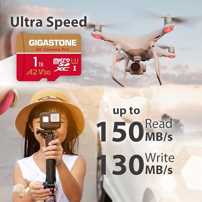[5-Yrs Free Data Recovery] Gigastone 1TB Micro SD Card, 4K Camera Pro, R/W up to 150/130MB/s, for GoPro, DJI, Drone, 4K UHD Video Recording, MicroSDXC UHS-I U3 A2 V30, with Adapter & USB-C Card Reader