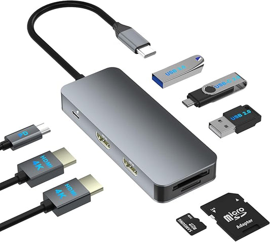 Docking Station Dual Monitor for Dell/HP/Lenovo/Mac Laptop, USB C Laptop Docking Station Dual Monitor, Dual HDMI Adapter for 2 Monitors, 8 in 1 USB C Hub Multiport Adapter with HDMI/USB/PD/SD/TF
